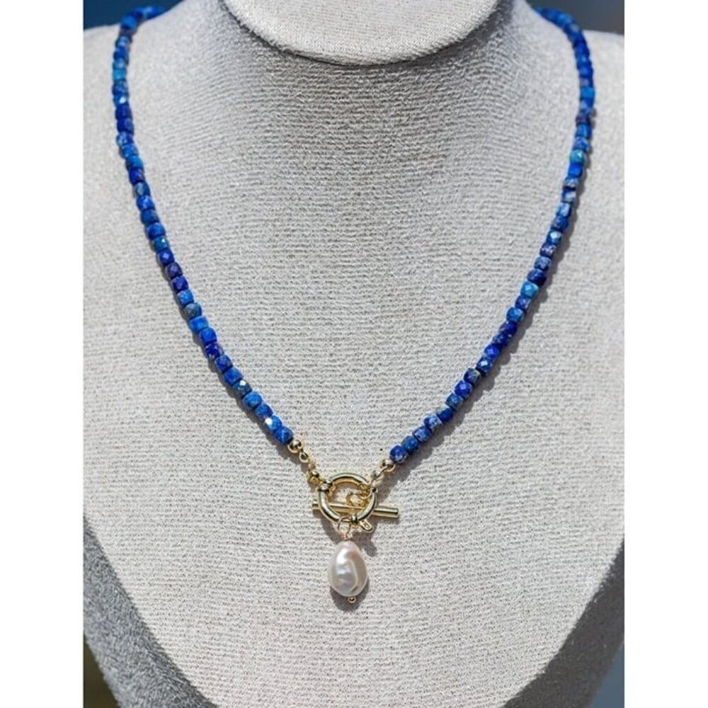 Lapis Lazuli Necklace Blue Gemstone Baroque Pearl Gold Waterproof Jewelry - Picture 8 of 10